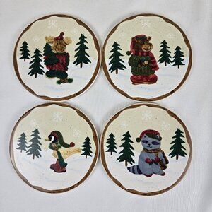Set of 4 Winter Critter Stoneware Beverage Coasters Cork Backing Round Glazed